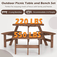 Load image into Gallery viewer, 6-Person Round Wood Picnic Table Set with 3 Built-in Benches &amp; 2" Umbrella Hole, Holds 1850 LBS, Outdoor Dining Table &amp; Bench for Patio Garden