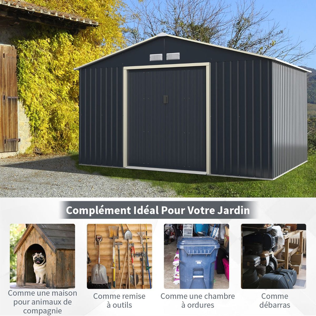 Abri de Jardin en Métal & Extension 10.85avec 2 Portes Coulissantes Verrouillables 4 Trous d’Aération Gris pour Vélo -