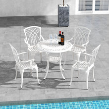 Load image into Gallery viewer, 5 Pcs Salon de Jardin en Fonte d'Aluminium Trou pour Parasol Repose-pieds Réglables Ensemble de Table Ronde et 4 Chaises Blanc -