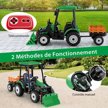 Load image into Gallery viewer, 12V Tracteur lectrique Enfants avec Pelle&amp;Remorque Amovible Vhicule lectrique  6 Roues avec Tlcommande &amp; Musique 3-6 km/h pour 3-8 Ans Jaune/Vert -