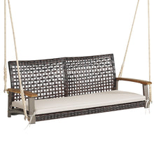 Load image into Gallery viewer, Banc Suspendu de Jardin en Rotin 2 Place Accoudoirs en Bois d'Acacia Cadre en Mtal Coussin Cordes Crochets Blanc/Noir -