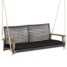 Load image into Gallery viewer, Banc Suspendu de Jardin en Rotin 2 Place Accoudoirs en Bois d'Acacia Cadre en Mtal Coussin Cordes Crochets Blanc/Noir -