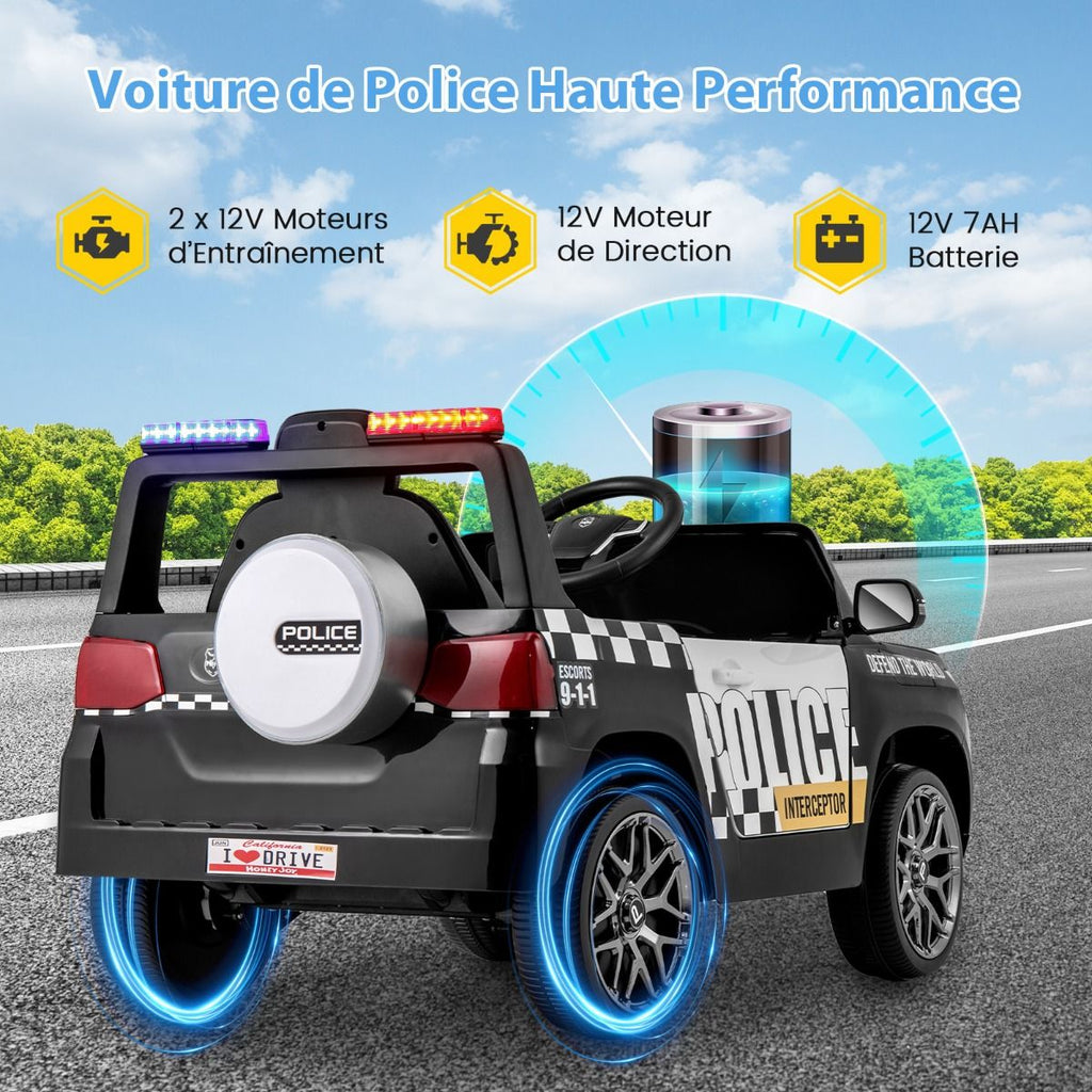 Voiture de Police Electrique Alimente par Batterie 12 V/7 A Tlcommande Connexion Sans Fil Musique Klaxon Sirne Lumires LED Blanc -