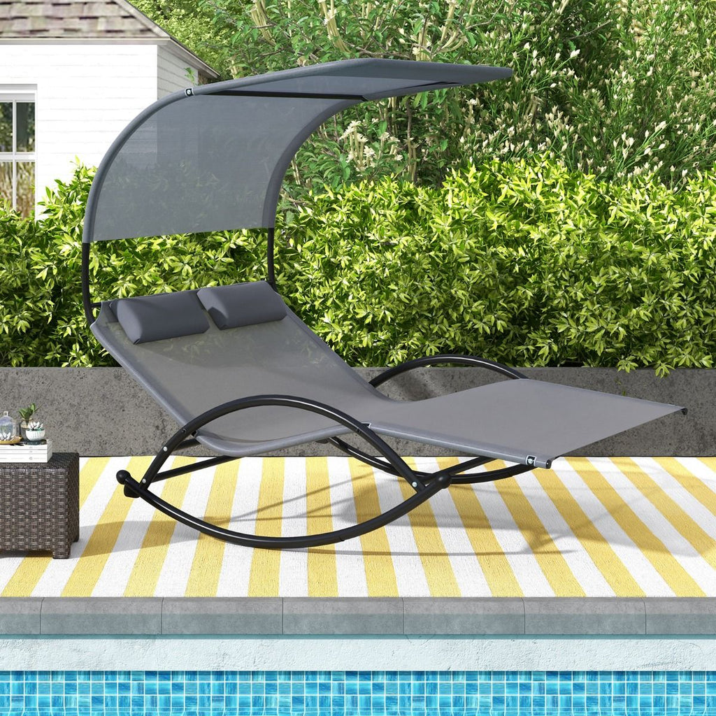 Chaise Longue Double Chaise  Bascule pour 2 Personnes 2 Appui-T锚tes Amovibles Cadre en Mtal Robuste Lit de Repos Ergonomique 2 Places Gris/Noir/Beige -