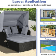 Load image into Gallery viewer, Chaise Longue à 2 Places en Rotin avec Auvent Rétractable Bain de Soleil avec Panneaux Latéraux Pliables Charge 360KG Beige/Gris -