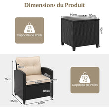 Load image into Gallery viewer, Ensemble de Meubles 3 Pices de Patio en Rotin Charge 180KG Salon de Jardin 2 Fauteuils Table Basse avec Plateau Noir/Beige/Blanc -