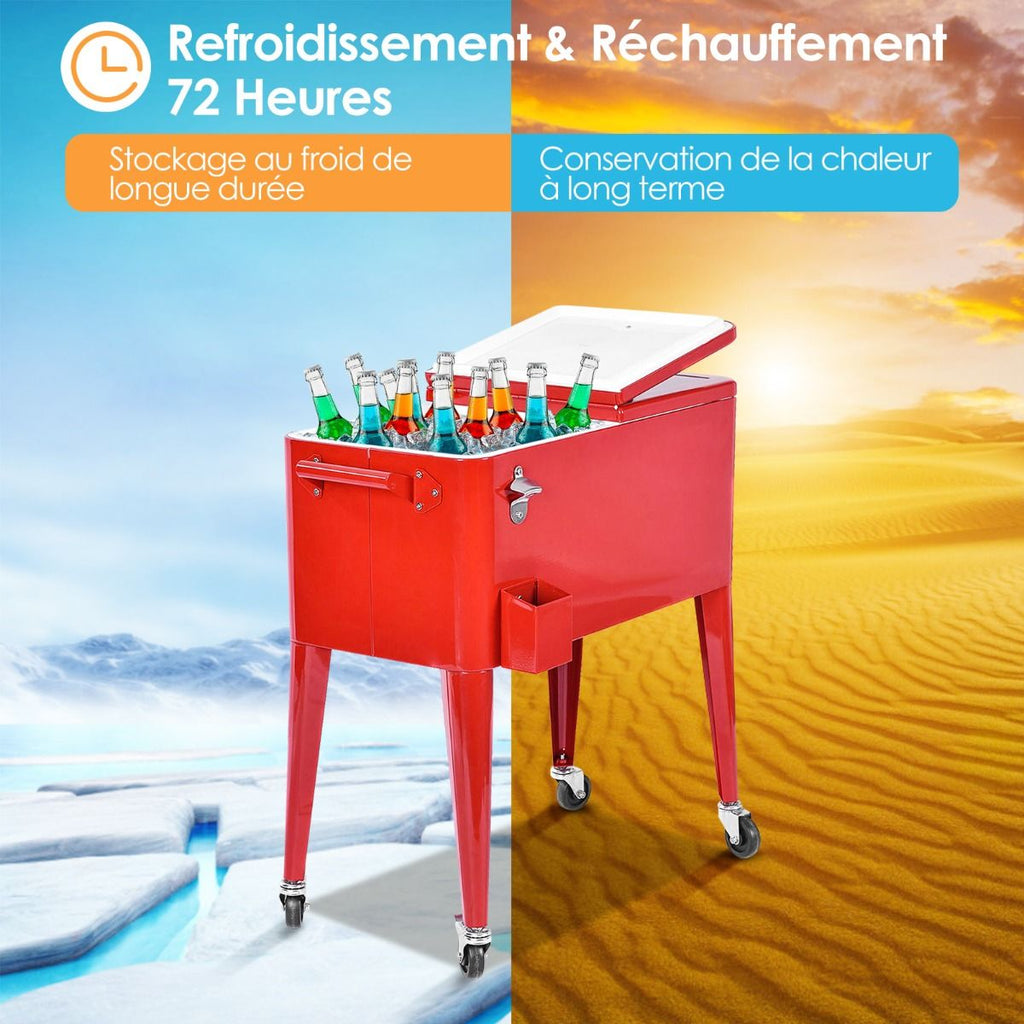 Chariot Isotherme Roulant de 76L Rfrigrant avec Roulettes Universelles Ouvre-bouteille Desserte Jardin pour Conserver Glace et Boissons -