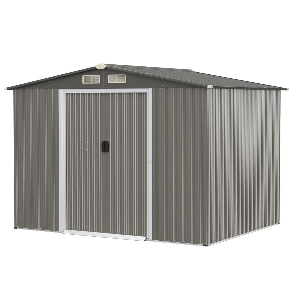 Abri de Jardin Métal Extérieur 9.74m³ Acier Galvanisé avec Fondation 4 Persiennes Double Porte et Rampe 260 x 207 x 181 cm Gris Foncé/Gris Clair -