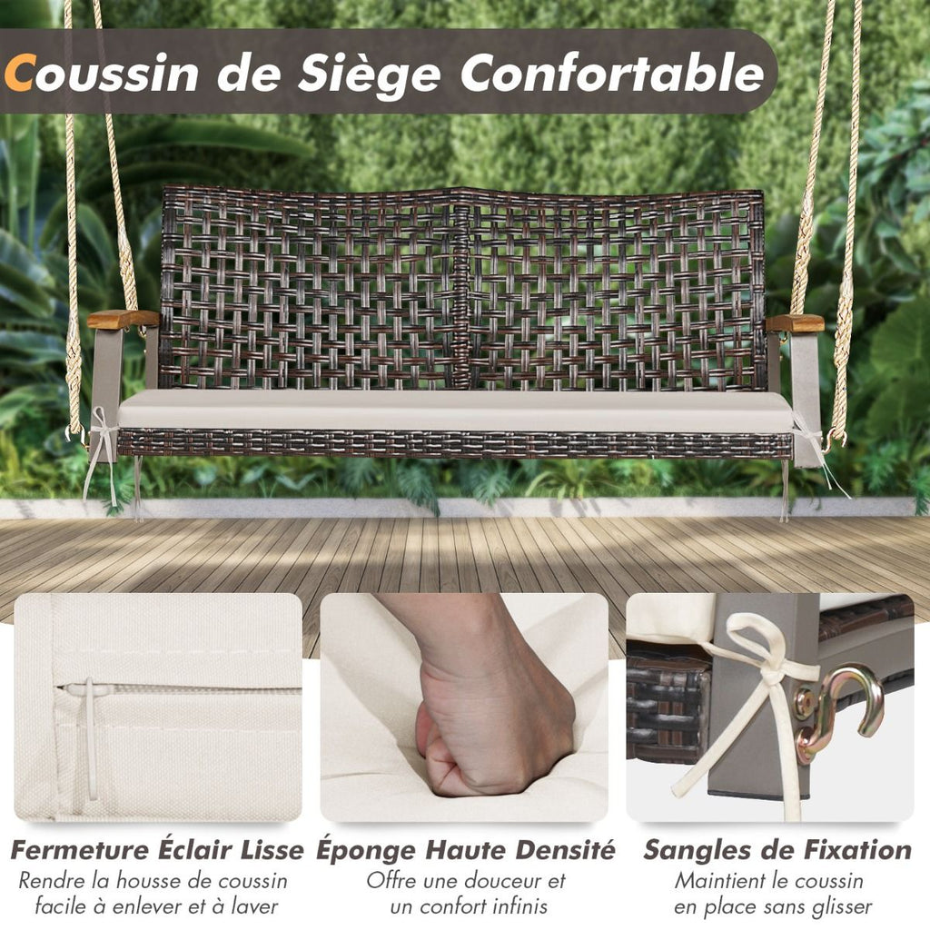 Banc Suspendu de Jardin en Rotin 2 Place Accoudoirs en Bois d'Acacia Cadre en Métal Coussin Cordes Crochets Blanc/Noir -