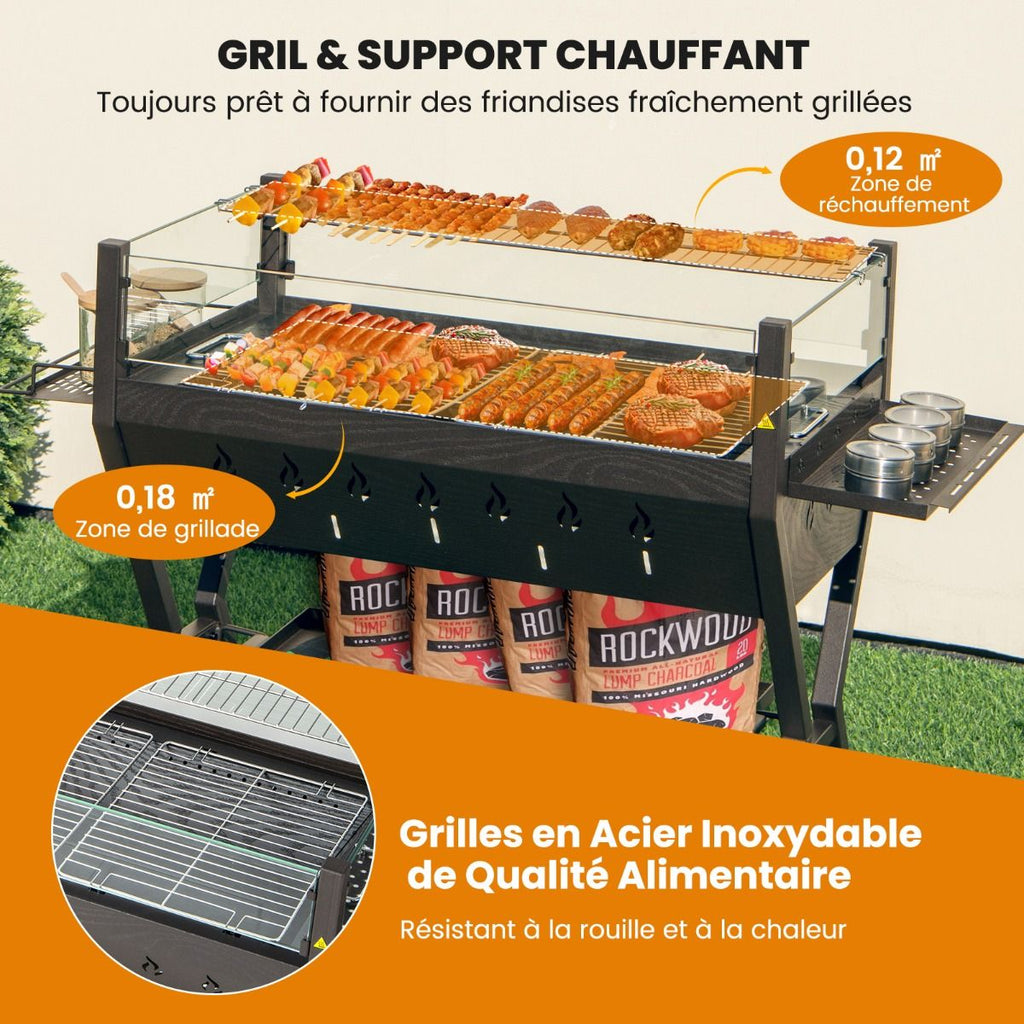 Barbecue  Charbon de Bois Gril au Charbon de Bois en Acier Inoxydable avec Pare-vent Supports d'Assaisonnement tagre de Rangement Marron -