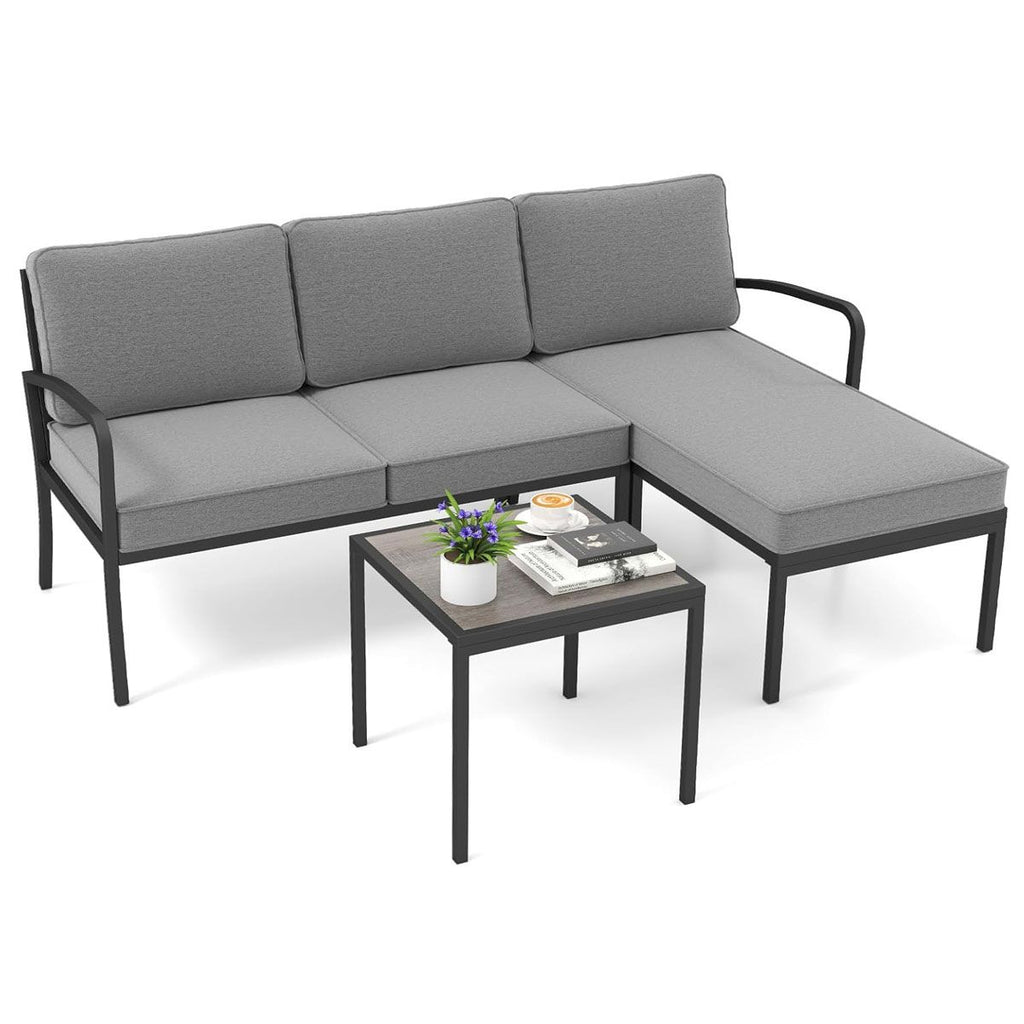 Ensemble Salon de Jardin 3 Pièces Ensemble de Canapé Rembourré d’Extérieur avec Table Basse Cadre en Métal Robuste Gris -