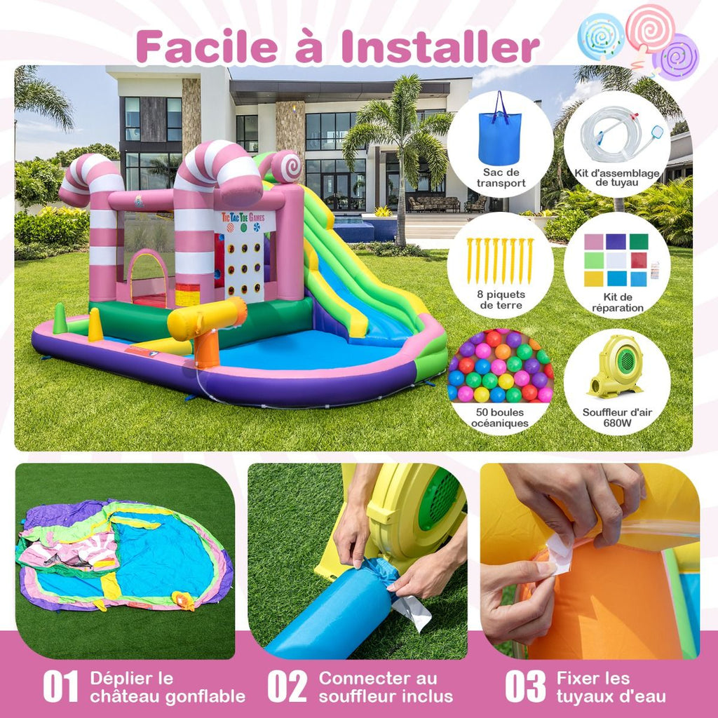 9 en 1 Château Gonflable en Forme Bonbons avec Toboggan Maison de Saut Gonflable avec Pistolet à Eau Charge 90kg pour 2 Enfants de 3-10 Ans -