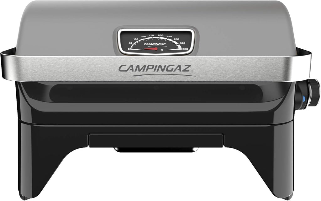 Attitude2go,Barbecue de Table à Faible fumée,BBQ Portable,à Couvercle,thermomètre,et Grille en Fonte,Alimentation : Cartouche de gaz CV 470 Plus,Gris