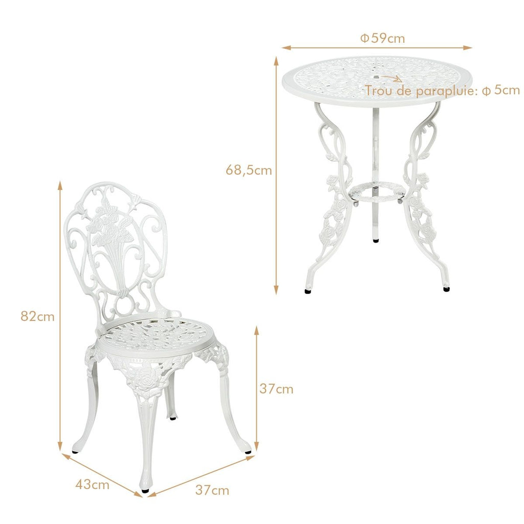 Ensemble Table et 2 Chaises pour Jardin en Aluminium en Forme de Rose Blanc Rsistant aux Intempries -