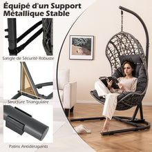 Load image into Gallery viewer, Chaise Oeuf en Rotin PE avec Support avec Oreiller et Coussin Chaise Suspendue avec Accessoires de Suspension Capacit 160 Kg Gris -