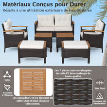 Load image into Gallery viewer, Ensemble de Canaps de Patio en Rotin PE 7 Pices avec Coussins d'Assise et de Dossier 2 Poufs 2 Tables Basses Plateau de Table -