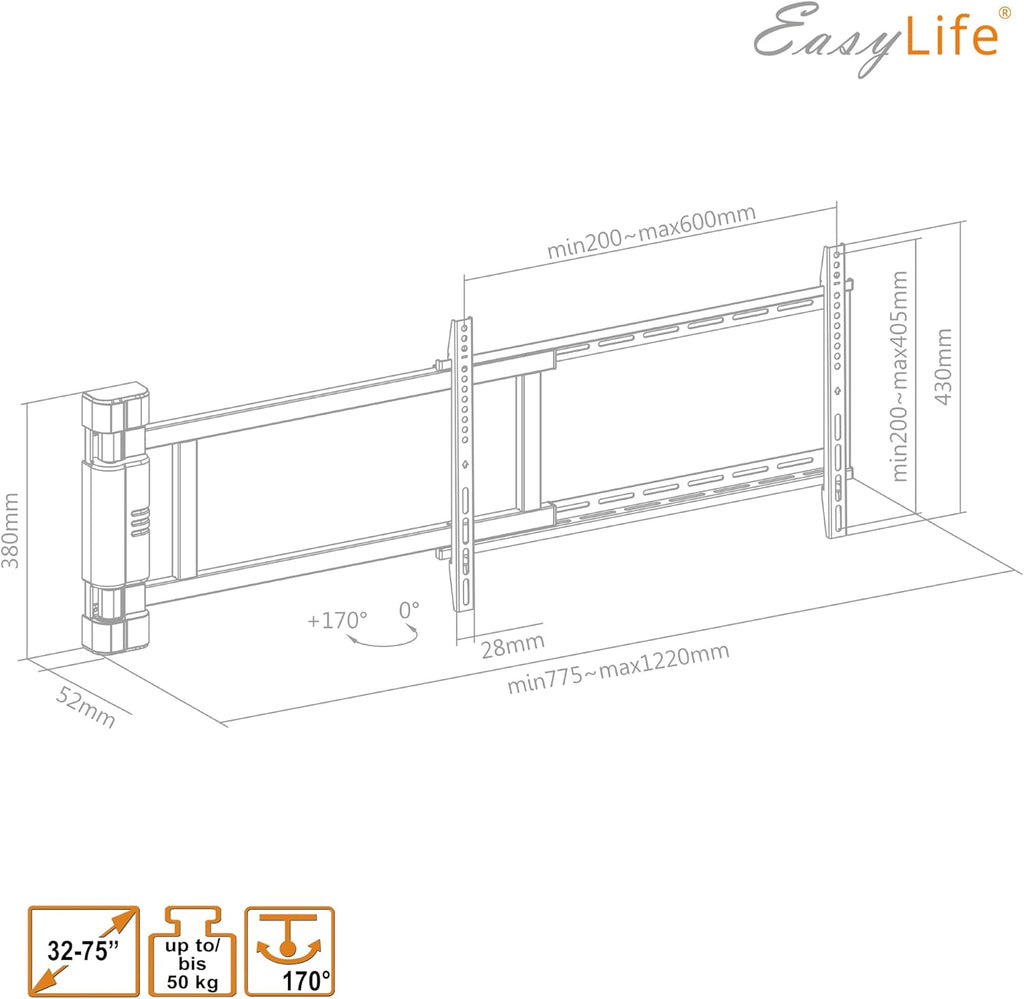 EasyLife Support TV Mural pivotant électriquement jusqu'à 170°, Support Mural VESA jusqu'à 600x400 pour LCD/OLED, téléviseur, Moniteur, écran, Smartboard de 32-75 Pouces & 50kg Max (Blanc)