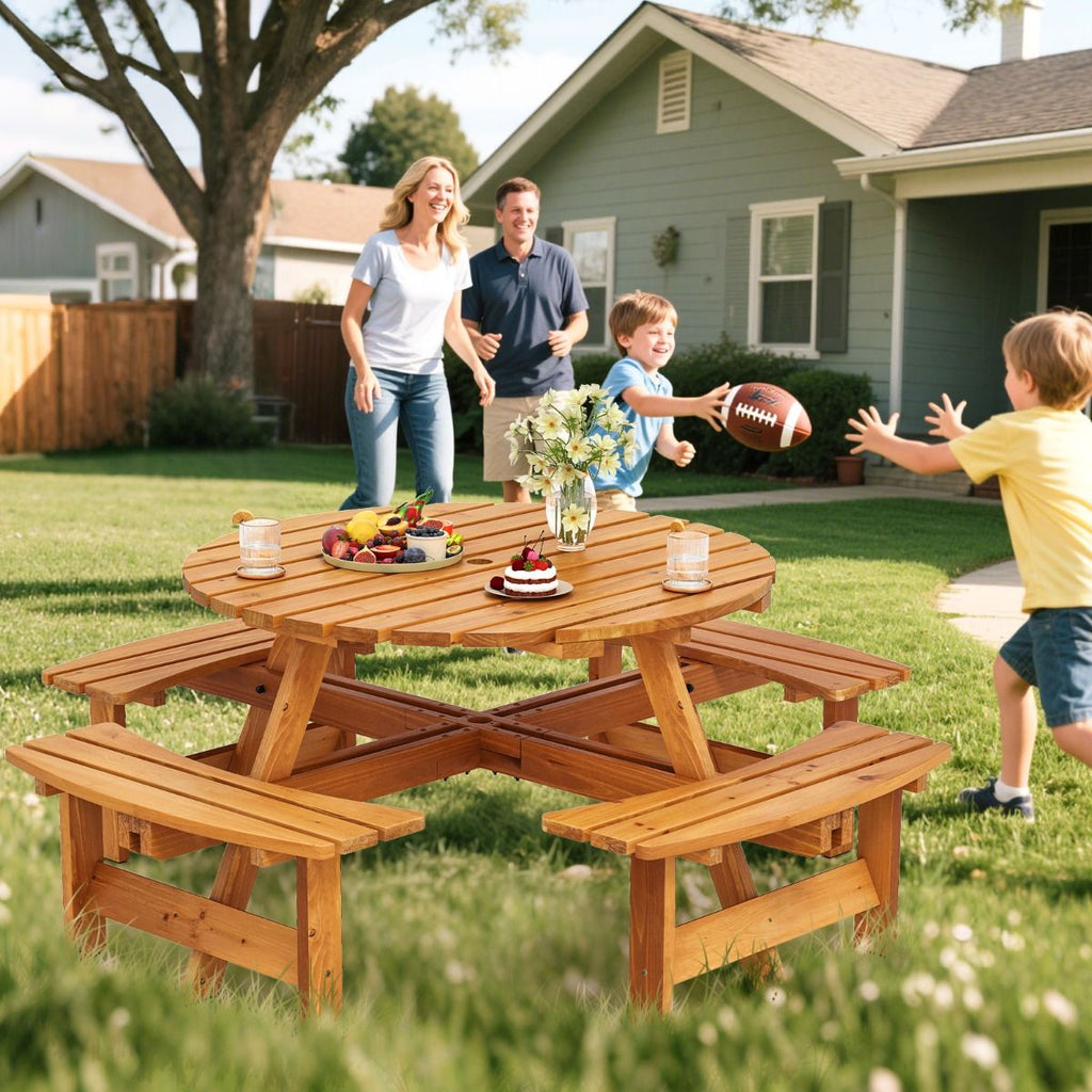 Ensemble Table de Pique-Nique en Bois pour 2  8 Personnes Set Table et Banc Circulaire avec 4 Bancs Intgrs Trou de Parasol de 5cm Marron/Jaune -