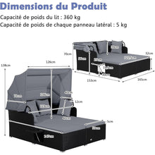 Load image into Gallery viewer, Chaise Longue à 2 Places en Rotin avec Auvent Rétractable Bain de Soleil avec Panneaux Latéraux Pliables Charge 360KG Beige/Gris -