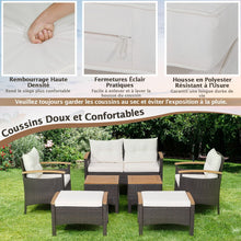 Load image into Gallery viewer, Ensemble de Canapés de Patio en Rotin PE 7 Pièces avec Coussins d'Assise et de Dossier 2 Poufs 2 Tables Basses Plateau de Table -