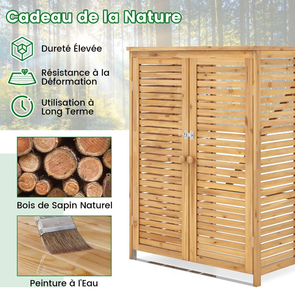 Abri  Poubelle en Bois de 120 L Abri pour Outils d'Extrieur avec Couvercle Ouvrable Doubles Portes Loquet de Verrouillage Naturel -