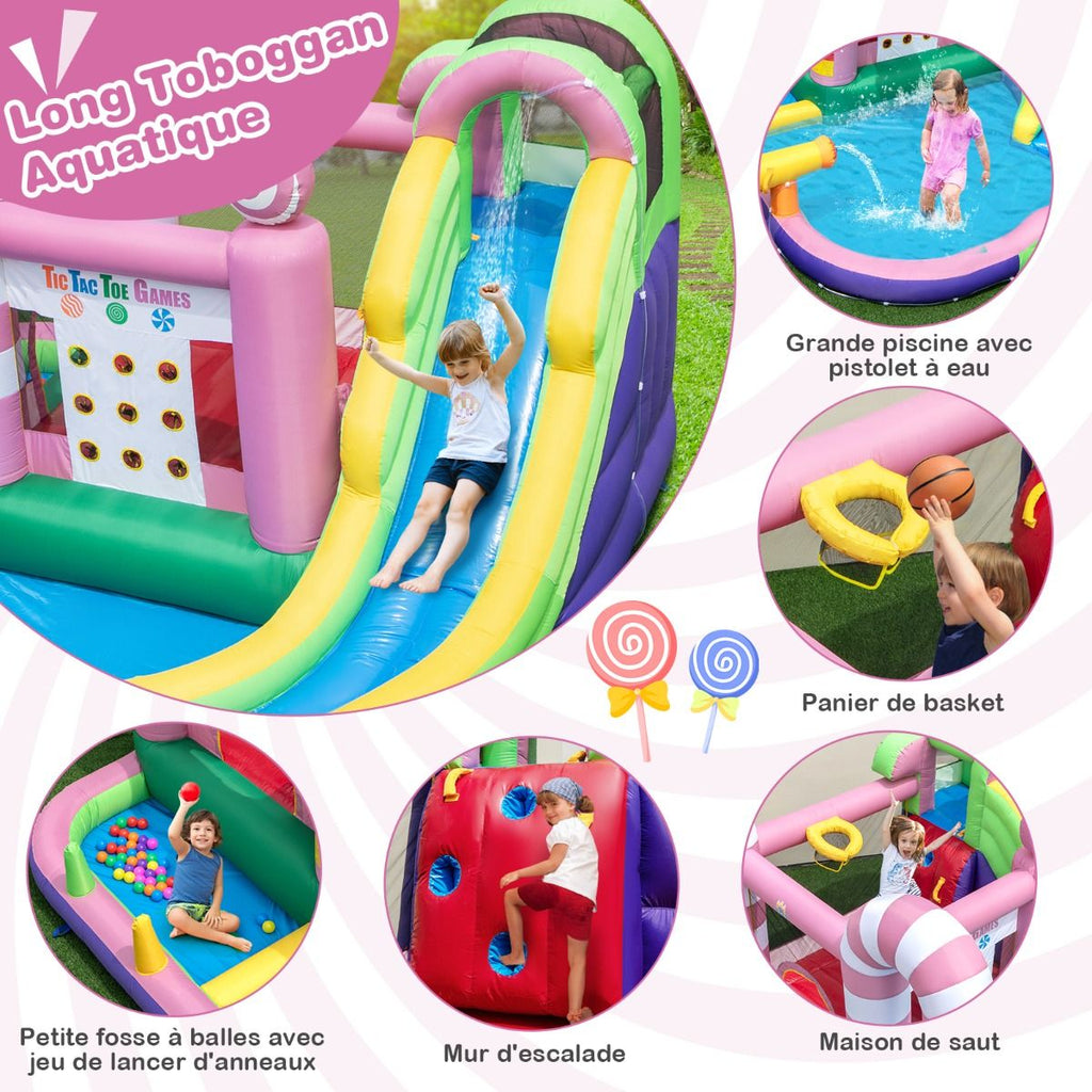 9 en 1 Ch芒teau Gonflable en Forme Bonbons avec Toboggan Maison de Saut Gonflable avec Pistolet  Eau Charge 90kg pour 2 Enfants de 3-10 Ans -