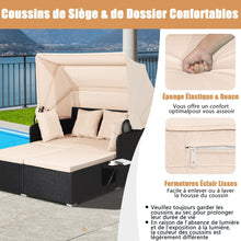 Load image into Gallery viewer, Chaise Longue à 2 Places en Rotin avec Auvent Rétractable Bain de Soleil avec Panneaux Latéraux Pliables Charge 360KG Beige/Gris -