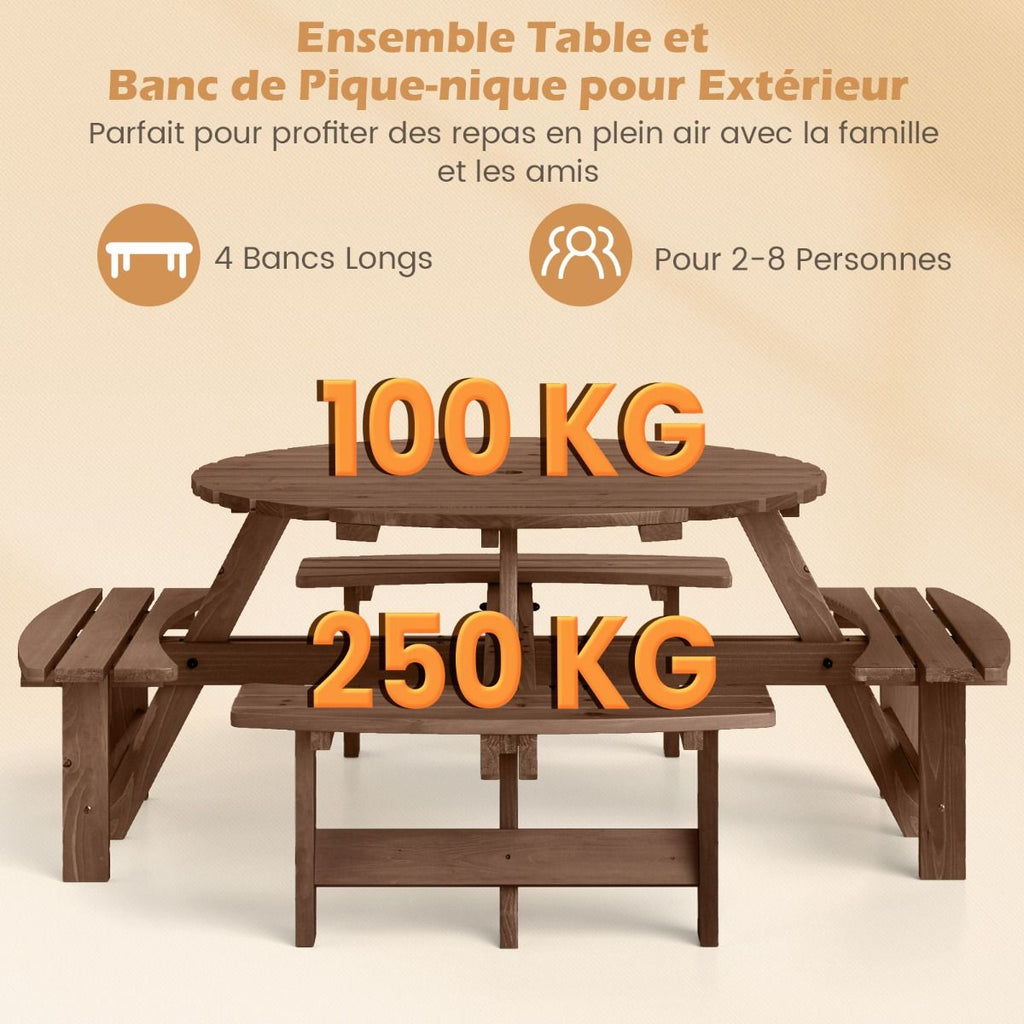 Ensemble Table de Pique-Nique en Bois pour 2 à 8 Personnes Set Table et Banc Circulaire avec 4 Bancs Intégrés Trou de Parasol de 5cm Marron/Jaune -