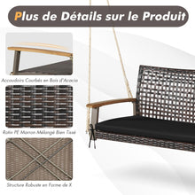 Load image into Gallery viewer, Banc Suspendu de Jardin en Rotin 2 Place Accoudoirs en Bois d'Acacia Cadre en Mtal Coussin Cordes Crochets Blanc/Noir -