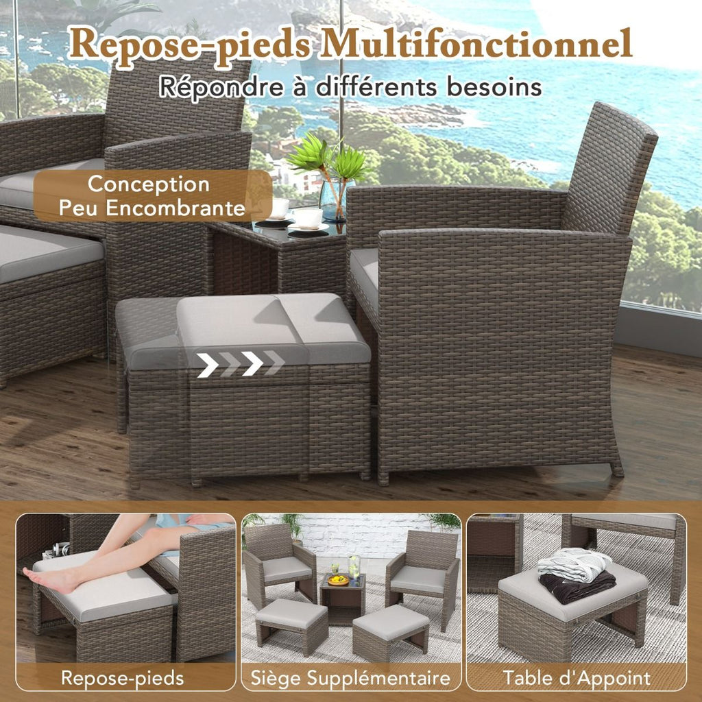 Ensemble Meuble de Salon 5PCS Salon de Jardin en Rotin PE avec Coussin pour Balcon Piscine Terrasse Gris/Blanc -
