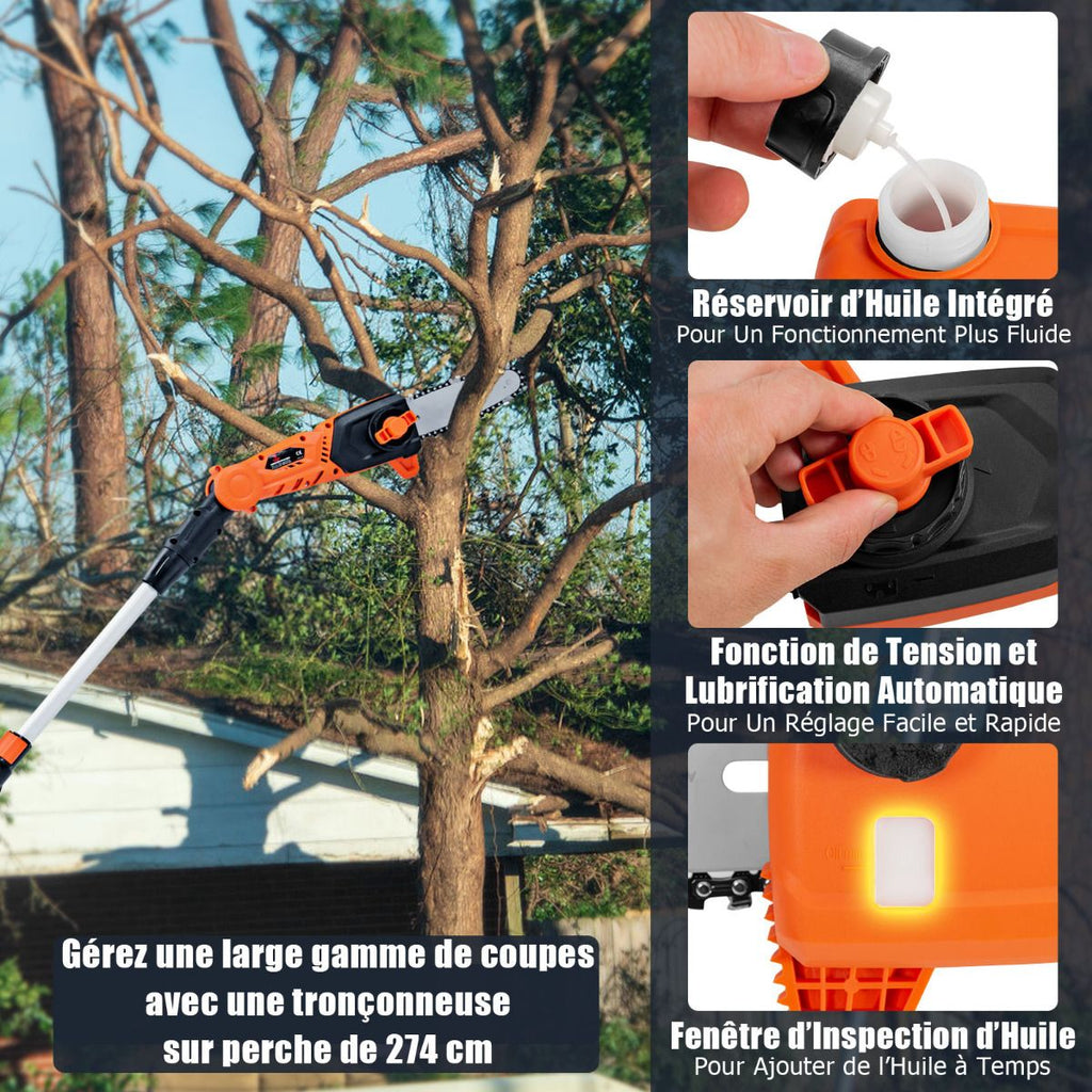 Élagueuse Télescopique sur Perche sans Fil 198 -274 cm Coupe Branche avec Batterie 20V et Chargeur Orange -