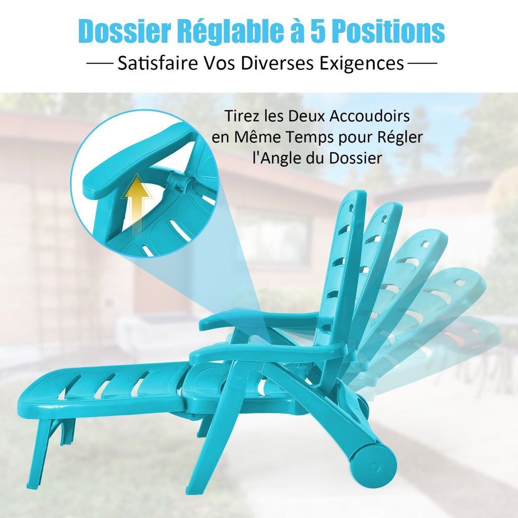 Chaise Longue Pliable Dossier Inclinable à 5 Positions avec Roues Intégrées pour Terrasse Jardin Piscine 150 kg Gris/Blanc/Bleu -