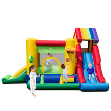 Load image into Gallery viewer, Château Gonflable à Thème Arc-en-ciel 7 en 1 avec Ventilateur Double Toboggans Piscine à Balles Panier de Basket Charge 90kg -