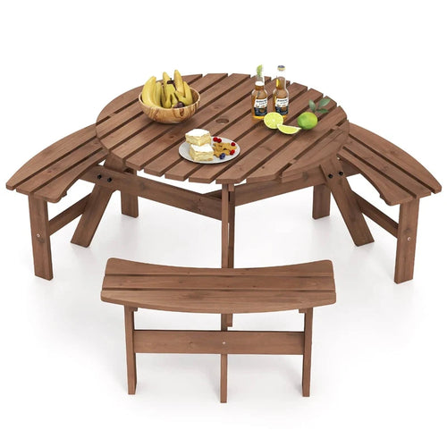 6-Person Round Wood Picnic Table Set with 3 Built-in Benches & 2