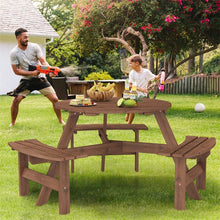 Load image into Gallery viewer, 6-Person Round Wood Picnic Table Set with 3 Built-in Benches &amp; 2" Umbrella Hole, Holds 1850 LBS, Outdoor Dining Table &amp; Bench for Patio Garden