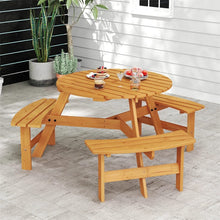 Load image into Gallery viewer, 6-Person Round Wood Picnic Table Set with 3 Built-in Benches &amp; 2" Umbrella Hole, Holds 1850 LBS, Outdoor Dining Table &amp; Bench for Patio Garden