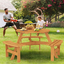 Load image into Gallery viewer, 6-Person Round Wood Picnic Table Set with 3 Built-in Benches &amp; 2" Umbrella Hole, Holds 1850 LBS, Outdoor Dining Table &amp; Bench for Patio Garden