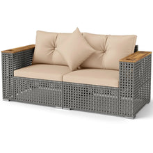 Load image into Gallery viewer, Tangkula 62.5" Large Patio Wicker Loveseat with Acacia Wood Armrests &amp; Cup Holders