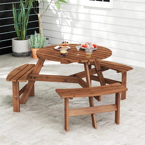 6-Person Round Wood Picnic Table Set with 3 Built-in Benches & 2