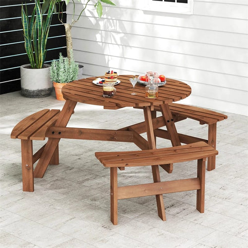 6-Person Round Wood Picnic Table Set with 3 Built-in Benches & 2