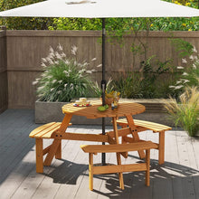 Load image into Gallery viewer, 6-Person Round Wood Picnic Table Set with 3 Built-in Benches &amp; 2" Umbrella Hole, Holds 1850 LBS, Outdoor Dining Table &amp; Bench for Patio Garden